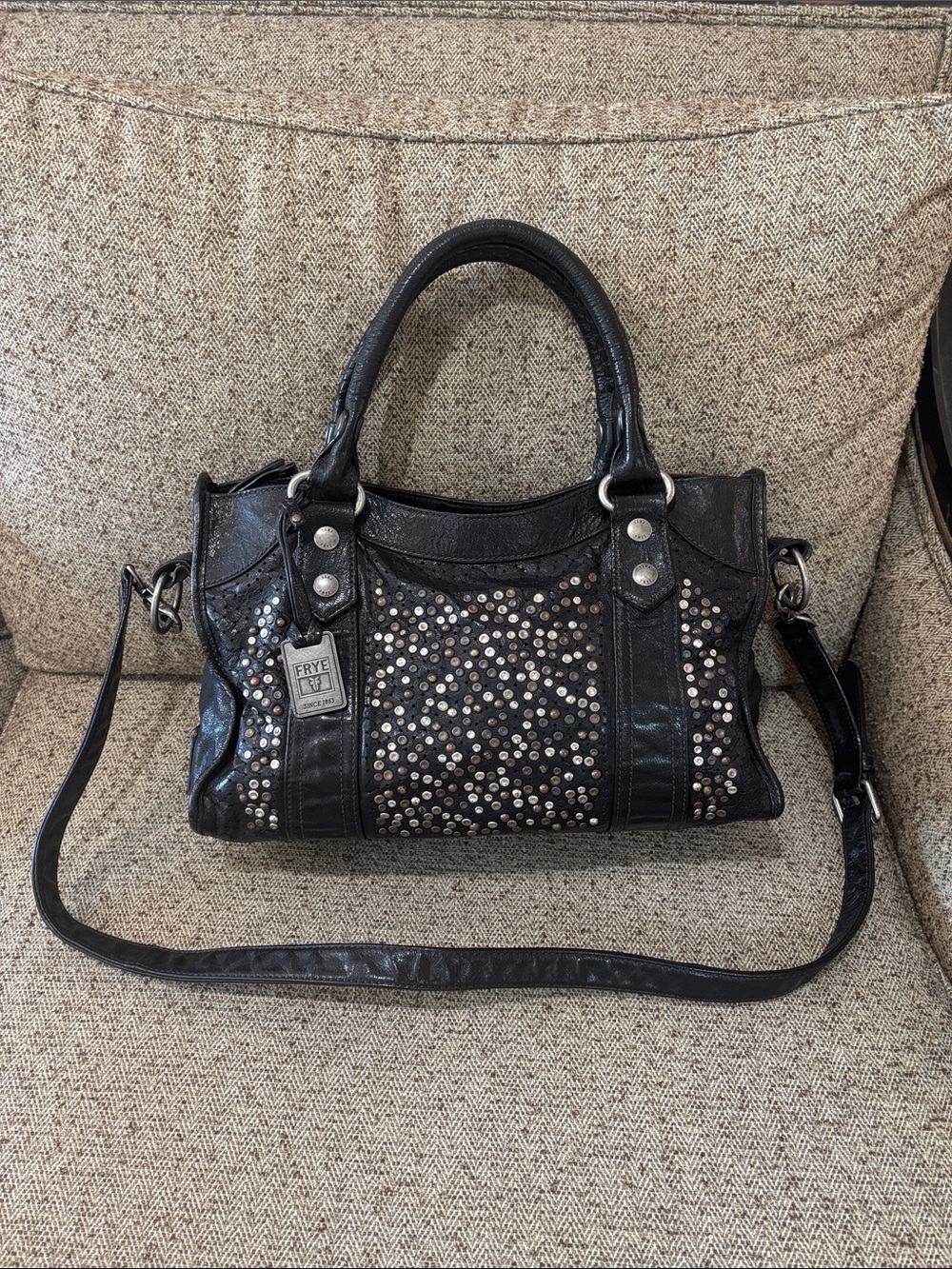 FRYE (rare!) Deborah Studded Black Leather Large Satchel w/ crossbody strap - Picture 2 of 8